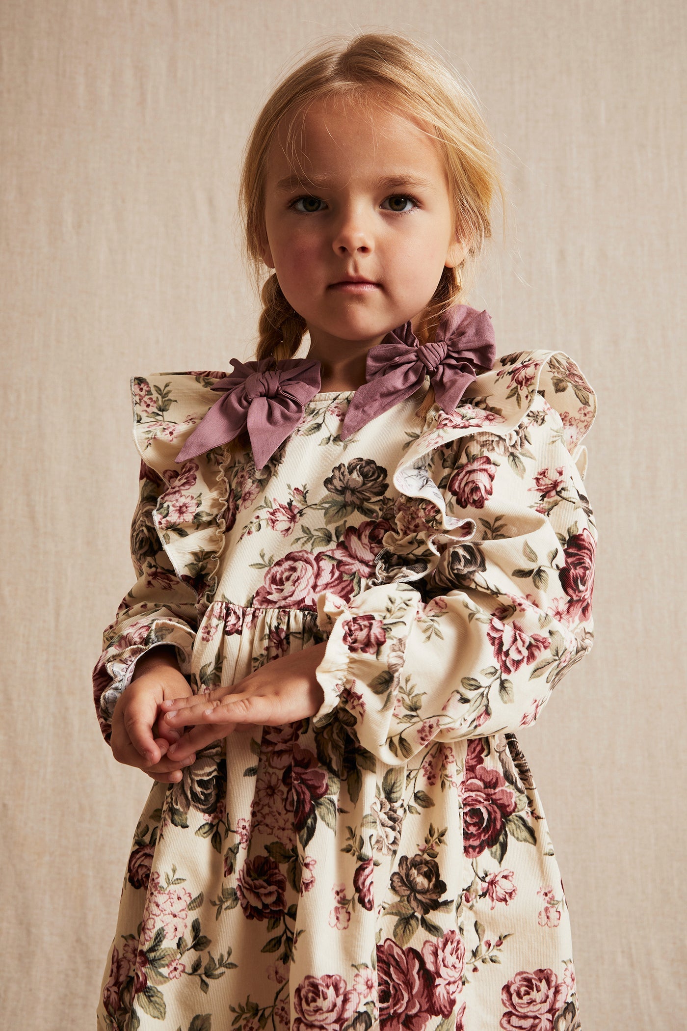 Kids beige rose patterned corduroy dress