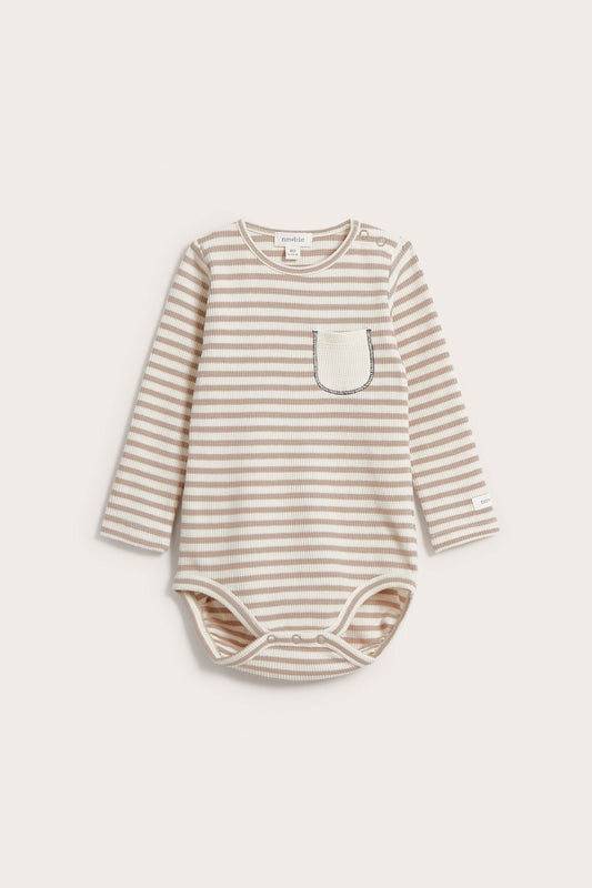 Baby beige striped contrast pocket bodysuit