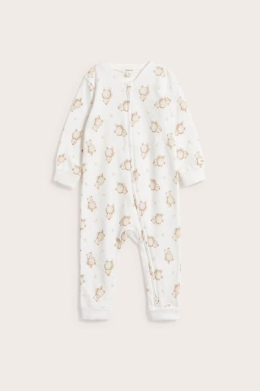 Baby white teddy bear patterned sleepsuit