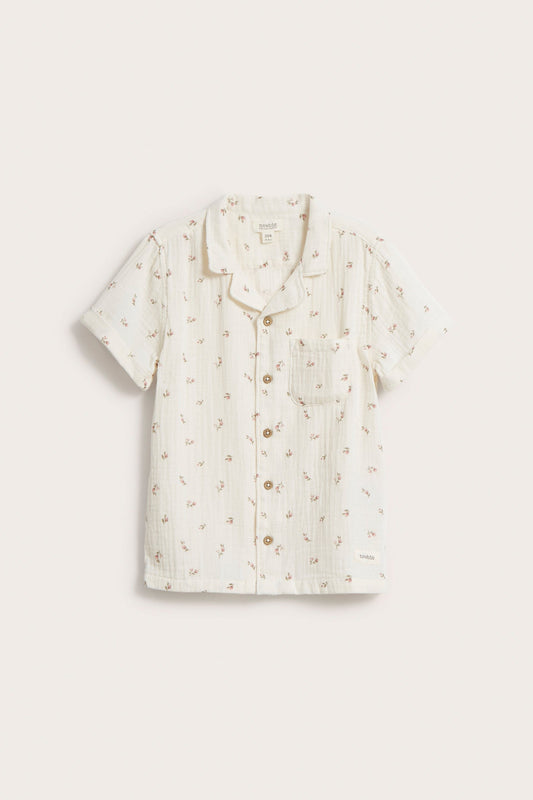 Kids white floral short-sleeve muslin shirt