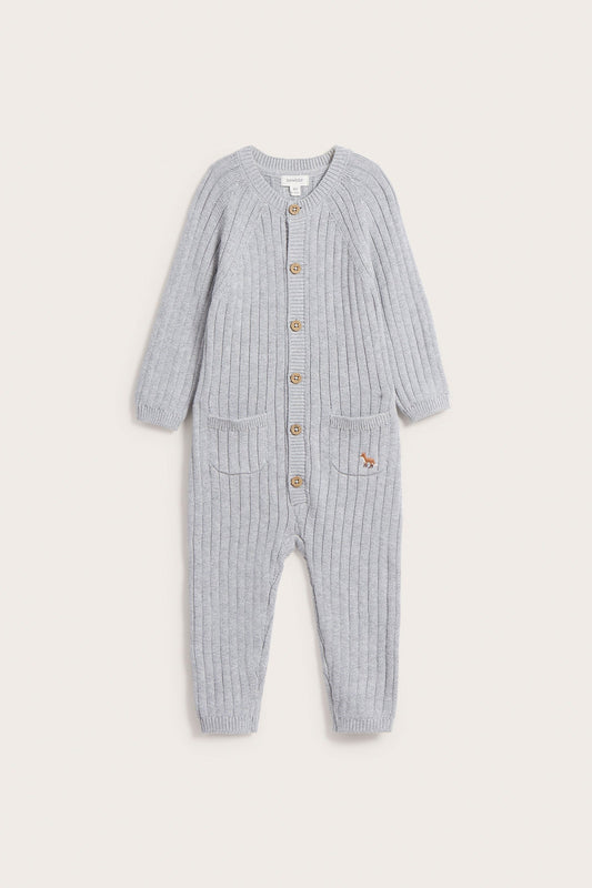 Baby grey rib-knit fox coverall