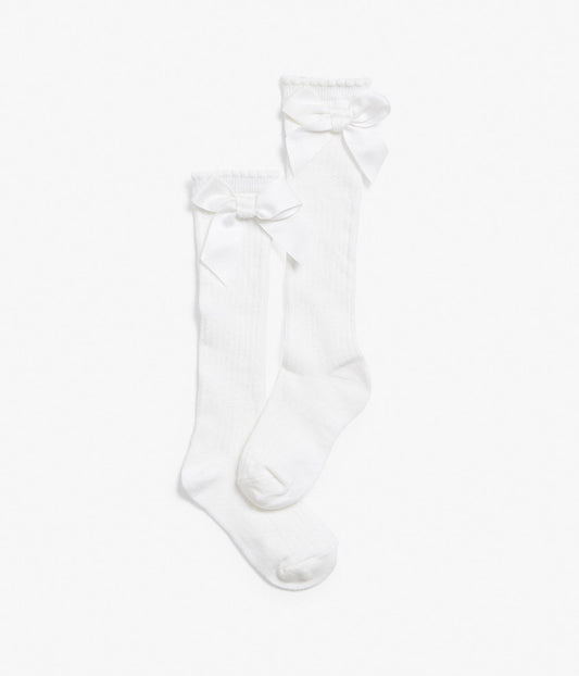 Kids white knee-high bow socks