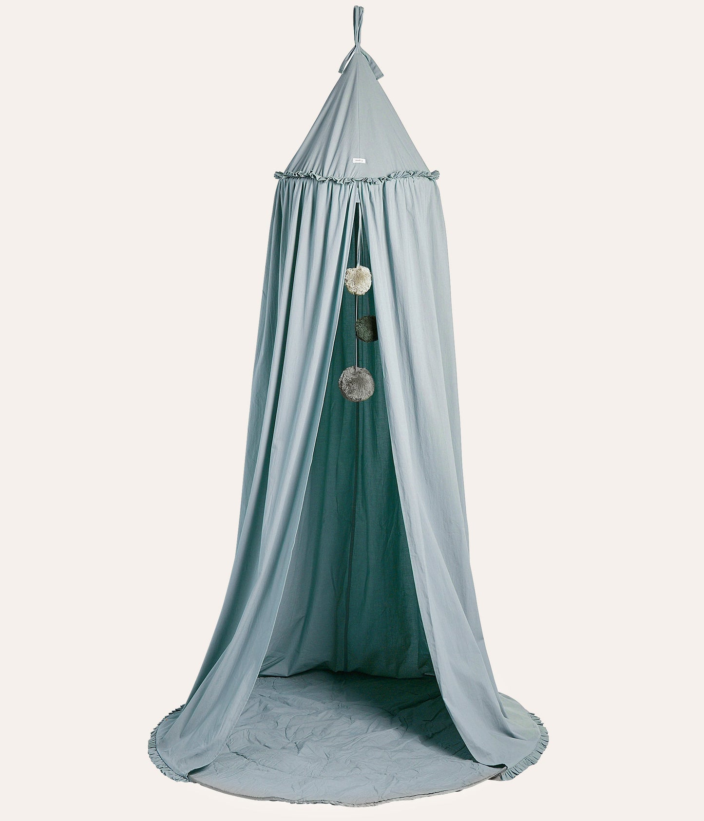 Baby blue play tent with pom-poms